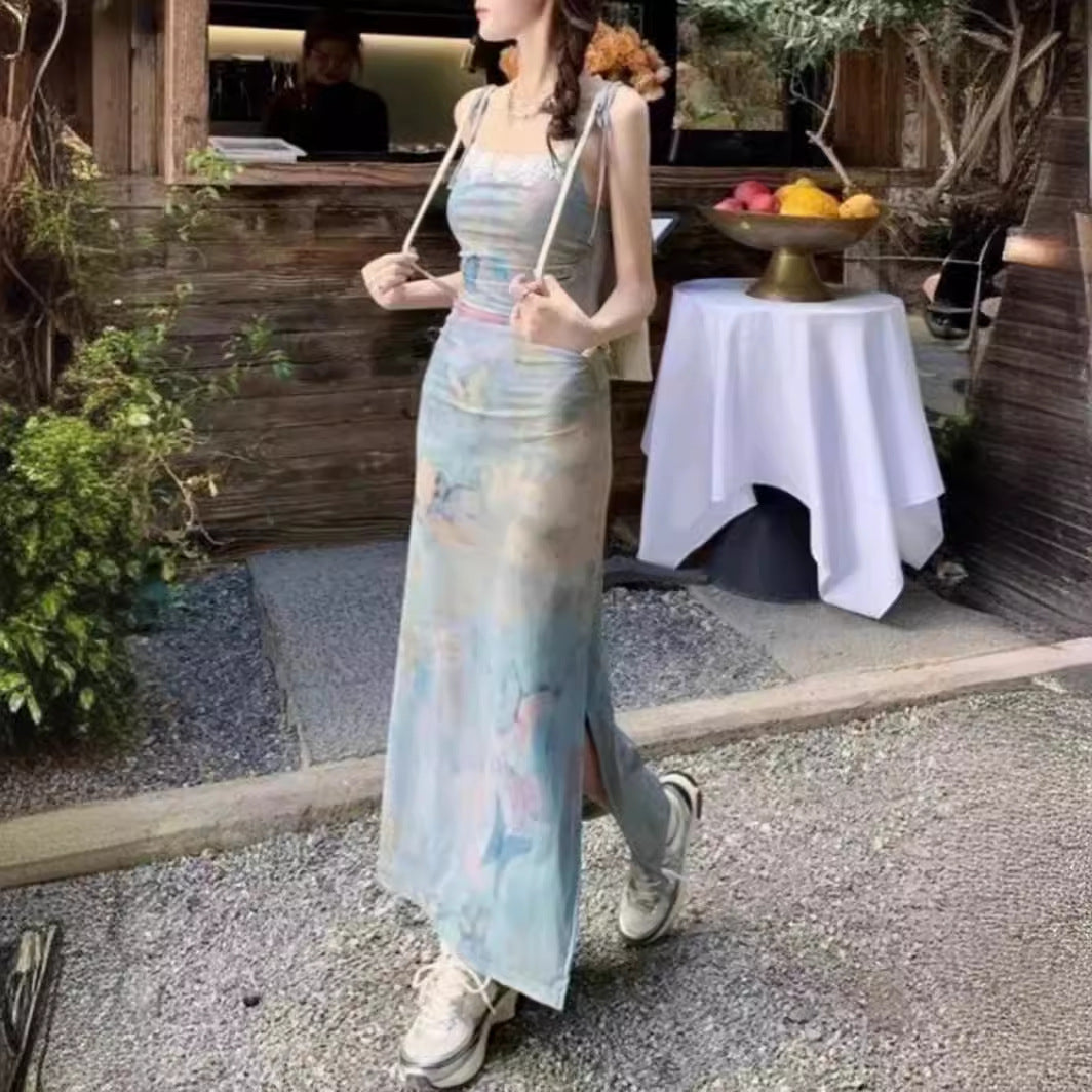 Vestido femenino con tirantes y estampado de pintura al óleo, mariposa, sueño