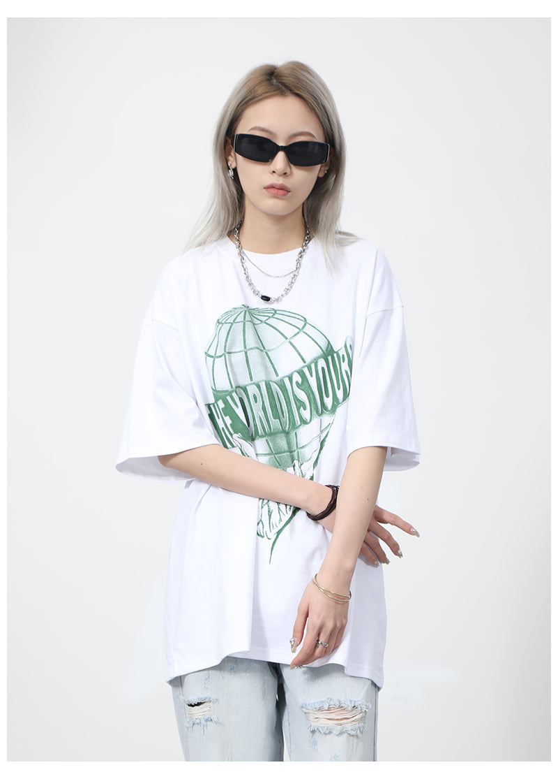 Couple Half Earth Letter Print Short Sleeve T-Shirt