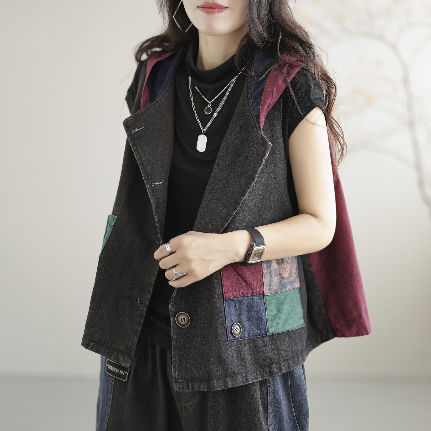 Women's Retro Loose Hooded Ethnic Style Stitching Patchwork Coat Vest
