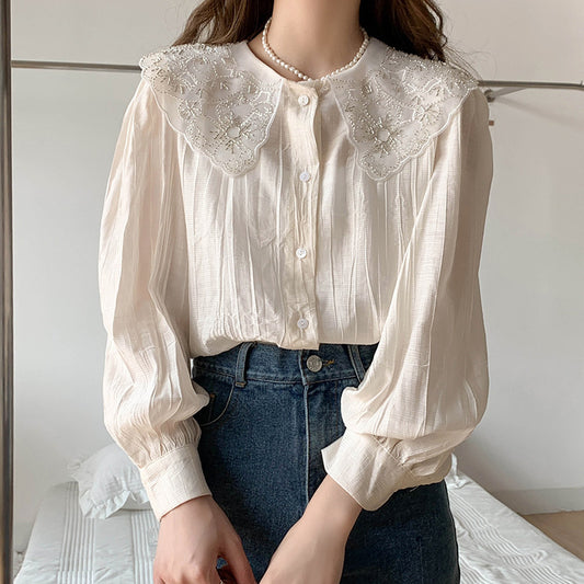 Sweet And Lovely Temperament Lotus Leaf Lace Collar Shirt Women