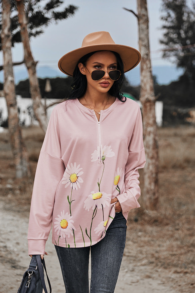 Floral Print Long Sleeve Zipper Front Sweatshirt