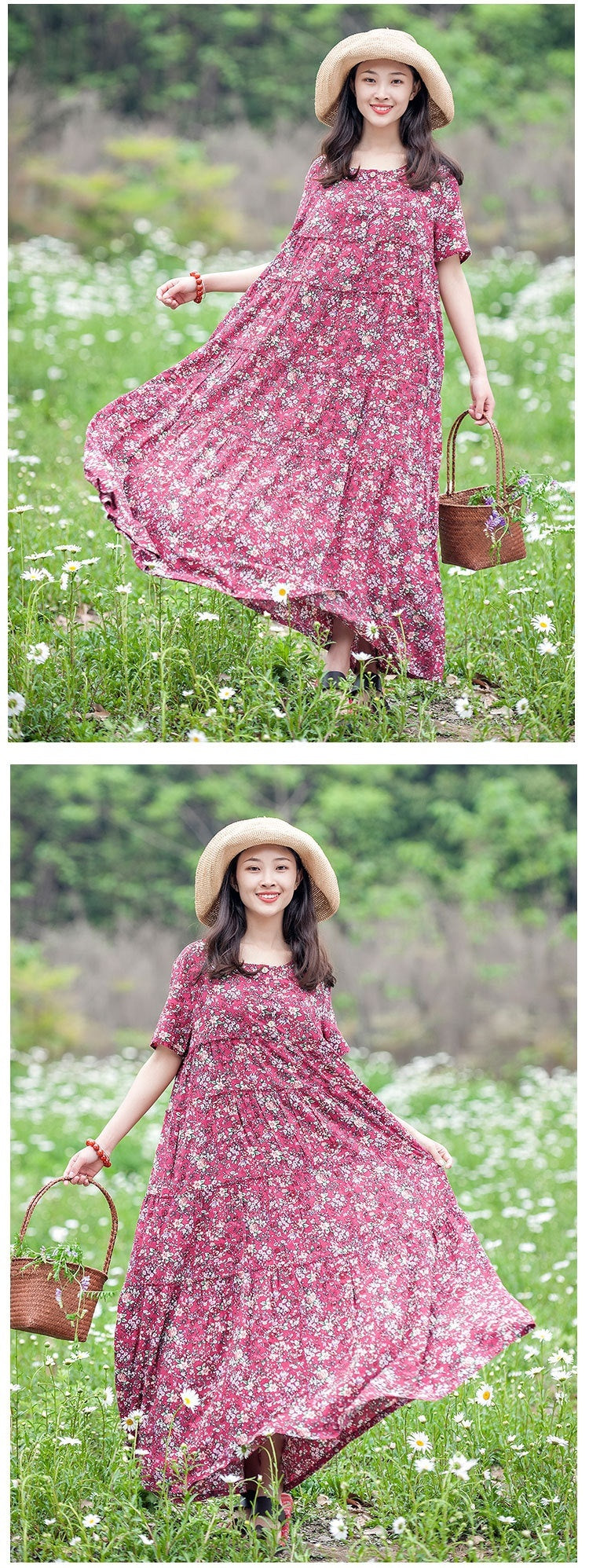 Cotton And Linen Women's Clothing Vacation Style Printed Super Fairy Large Swing Skirt Sweet Beach Skirt