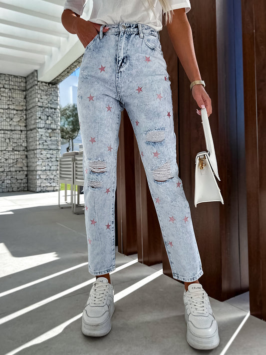 Distressed Star Straight Jeans mit Taschen