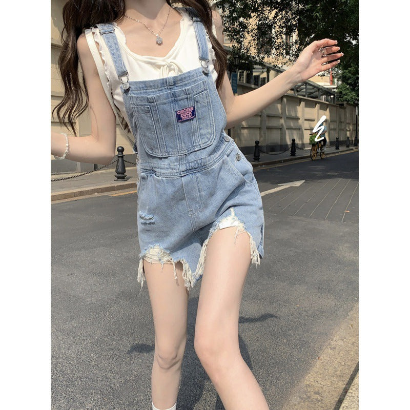 Damen All-Match Denim Overalls Shorts verwaschen zerrissen weites Bein