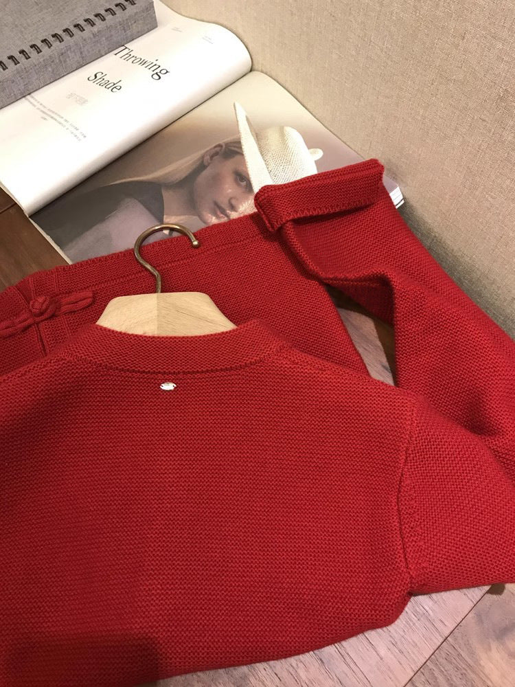 Chinesischer roter neuer Strickjackenpullover mit Schnalle im chinesischen Stil für Frauen