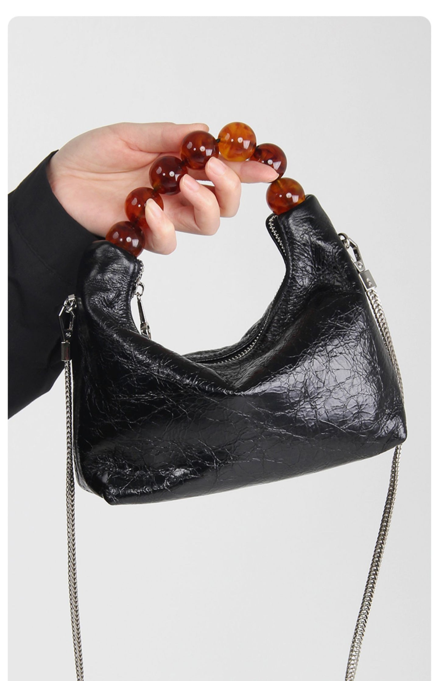 First Layer Oil Wax Cowhide Dumpling Bag Beaded Handbag