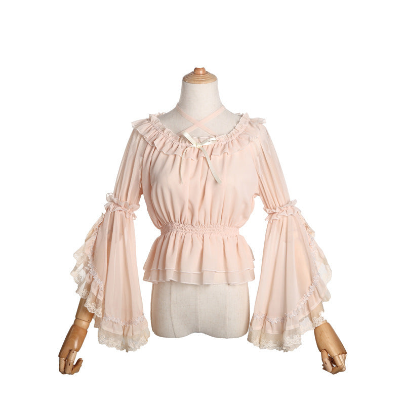 Süße Damen Chiffon Bluse mit ausgestellten Ärmeln und überkreuztem Halsausschnitt Lolita Top für den Sommer