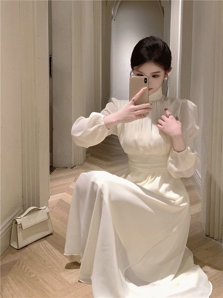 French White Half-high Collar Long Sleeves Dress