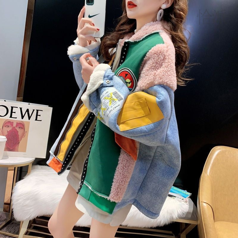 Women's Winter Loose Plus Size Lamb Wool Stitching Denim Coat