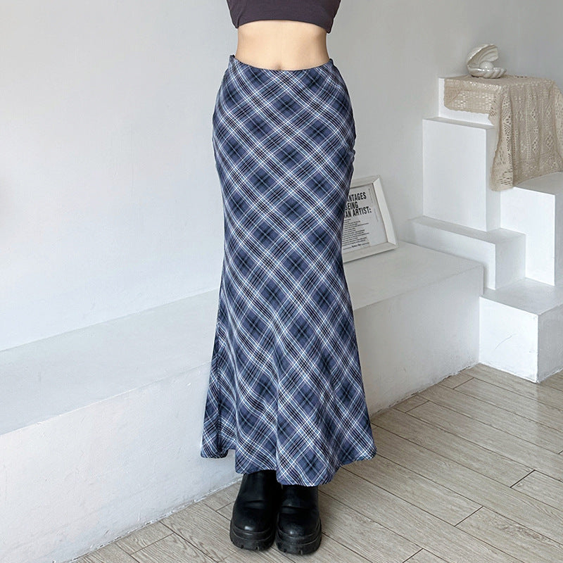 Blue Plaid Skirt Temperament Slim-fit Tall-looking