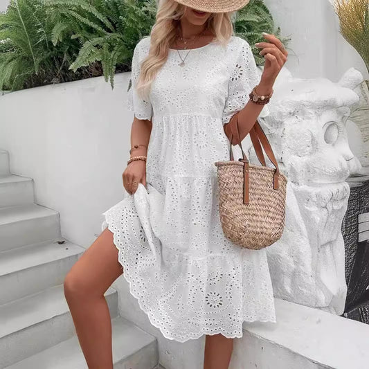 Casual Women's Embroidered Hollow Short Sleeve Round Neck Ruffle Sleeve Waist Dress