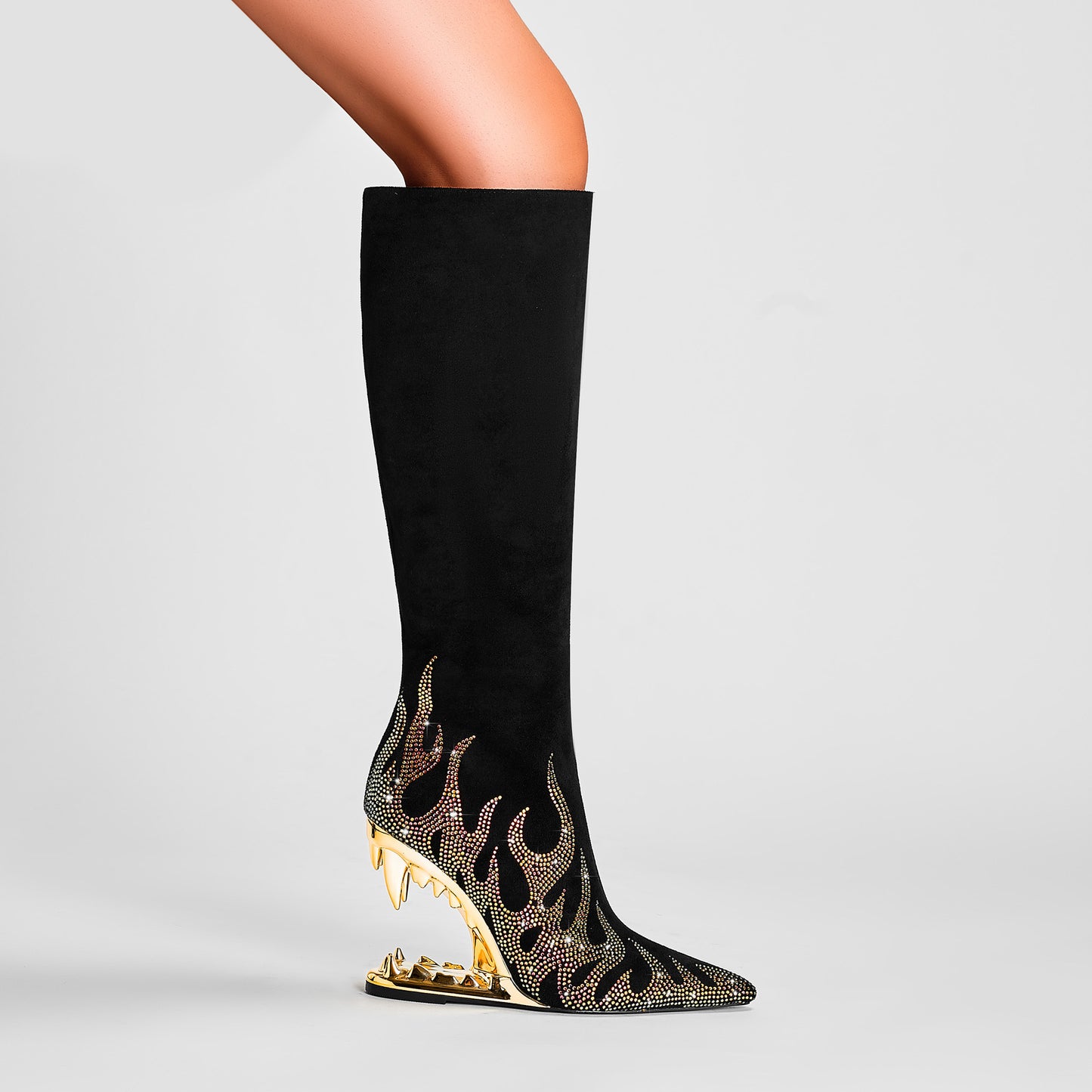 Europäischen Und Amerikanischen Stil Tiger Zahn Profilierte Ferse Dünne Stretch Stiefel Strass Flamme