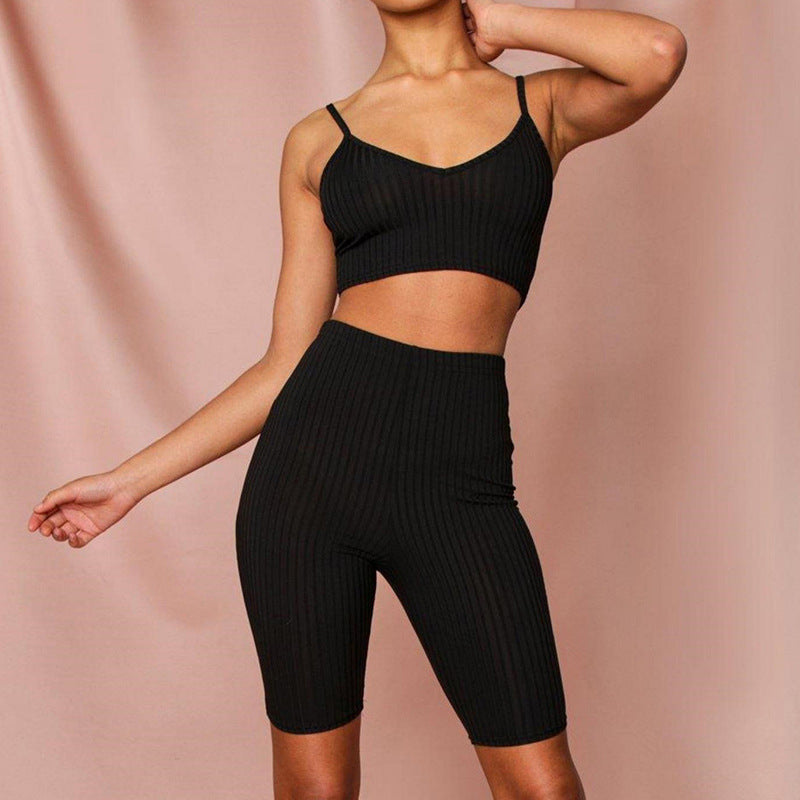 Women's Sports Casual Vest Tight High Waist Fifth Pants Suit
