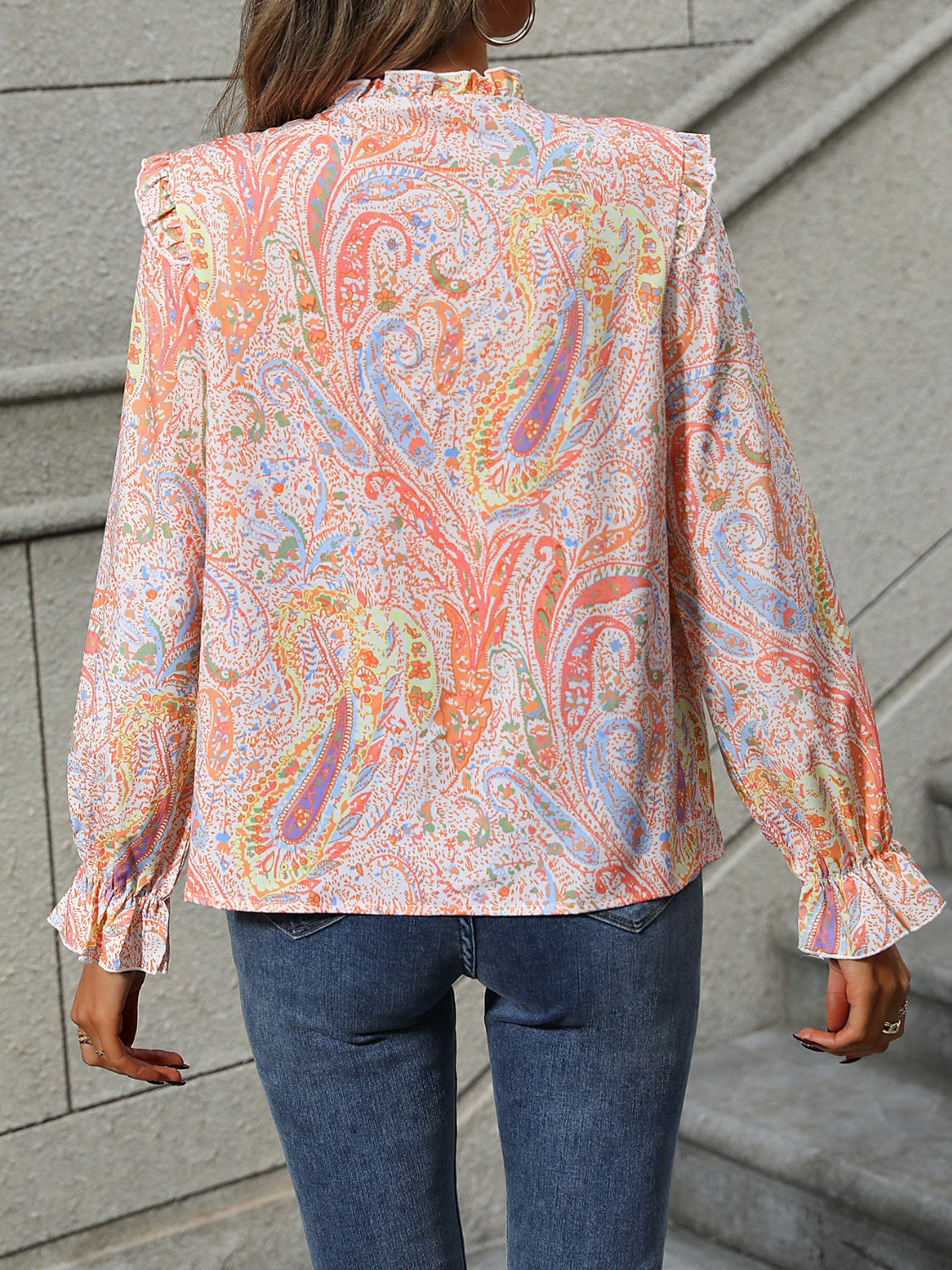 Frill Printed Mock Neck Long Sleeve Shirt