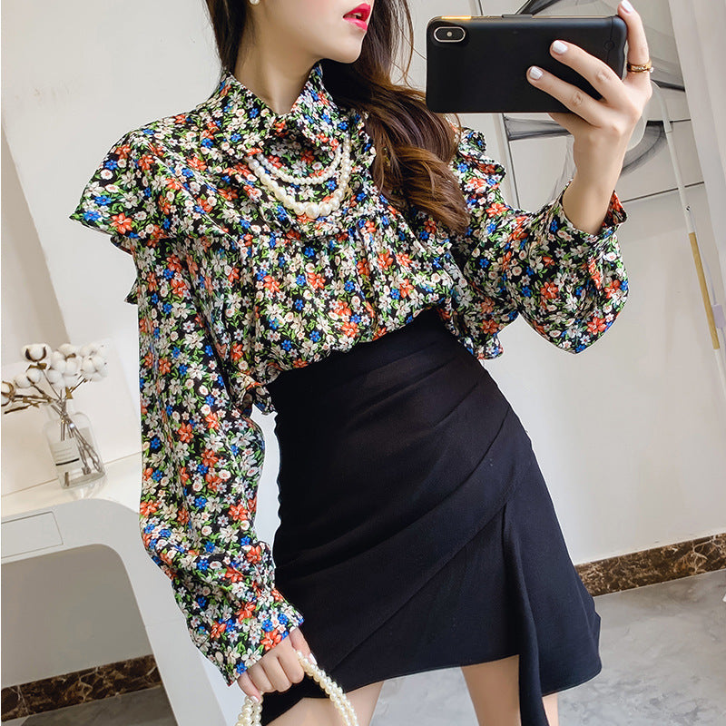 Doll Collar Floral Chiffon Shirt Women Chain Ruffle Top Bottoming Shirt