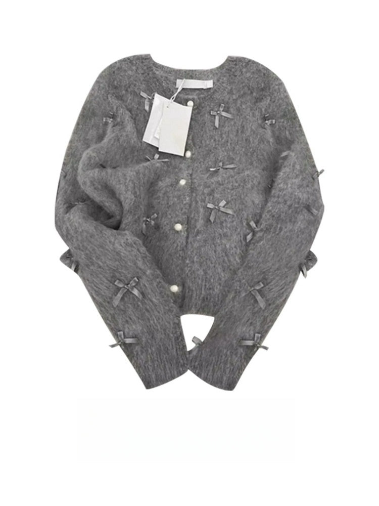 Gray Bow Sweater Women's Autumn And Winter Elegant Soft Glutinous Mohair Knitted Cardigan Chanel Coat