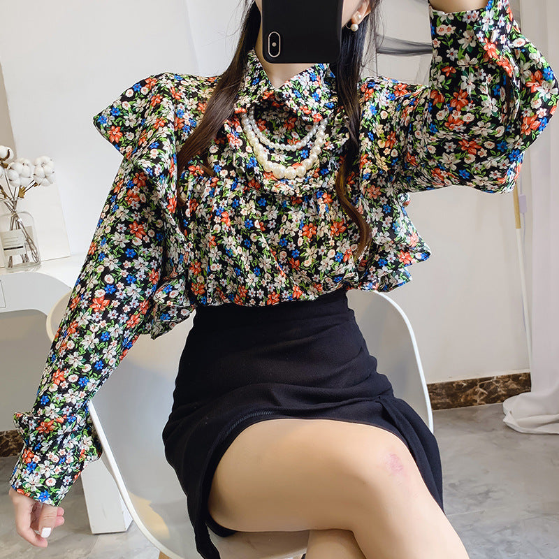 Camisa de gasa floral con cuello de muñeca Camisa con parte superior con volantes y cadena para mujer