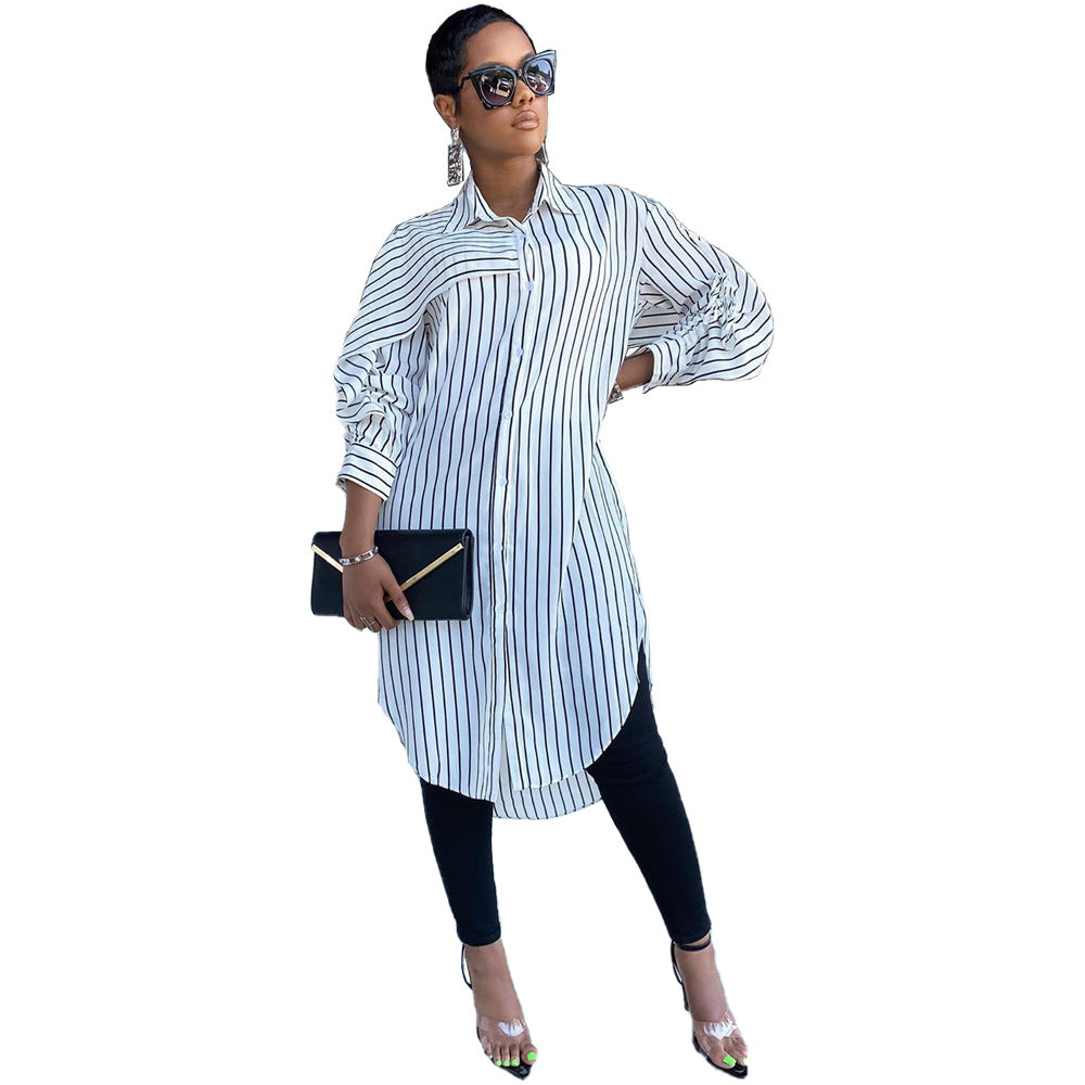 Striped Shirt Loose Long Thin Coat Choose Top