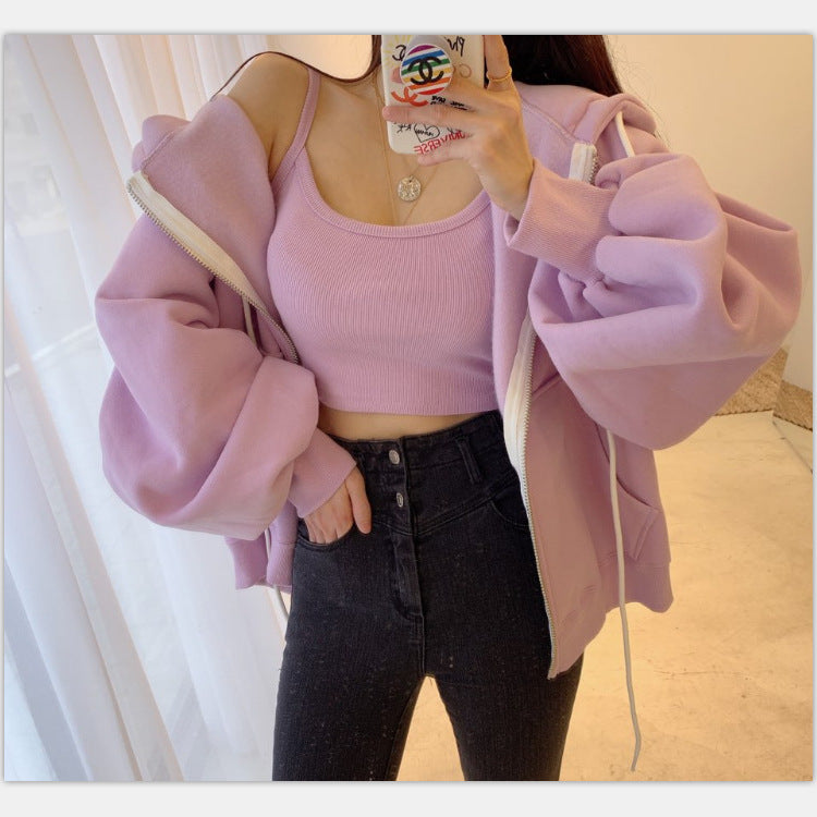 Women's Korean Style Loose Solid Color Raglan Sleeve Hoodie Jacket Suspenders Two Piece Set