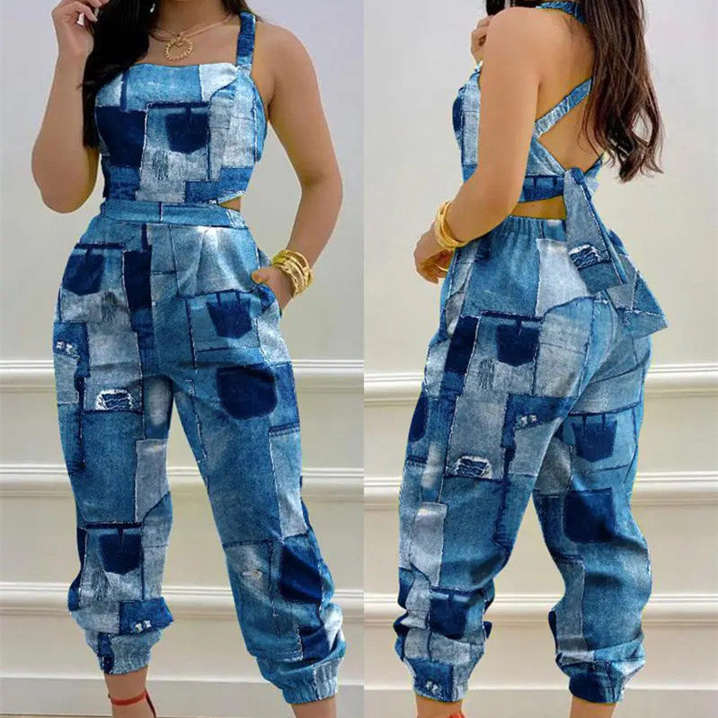 Damen-Jumpsuit mit modischem, lässigem Druck, der die Taille umspielt