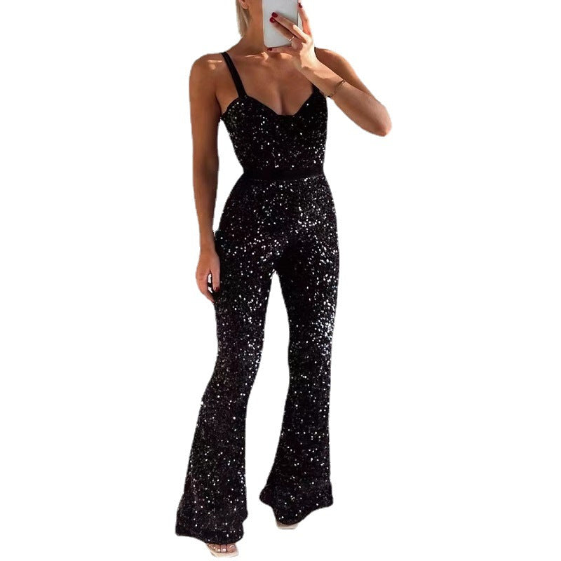 Modischer Damen-Jumpsuit mit Pailletten und Hosenträgern und Nähten an der Hüfte