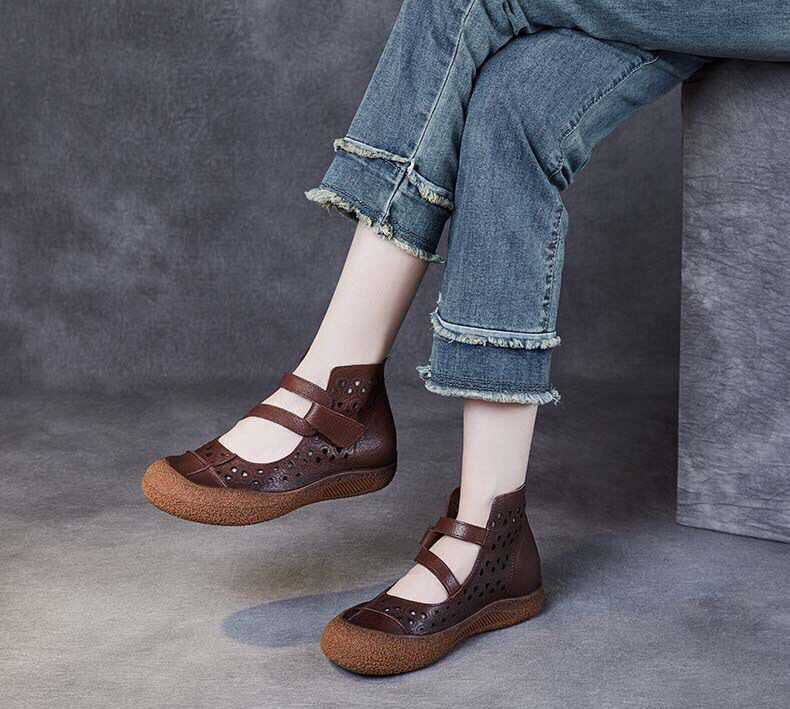 Cowhide Retro Hollow-out Non-slip Breathable Flat Sandals