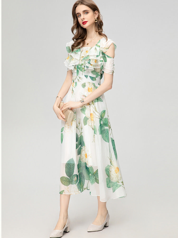 Square Collar Off-the-shoulder Beautiful Printed Fashionable Chiffon Long Dress