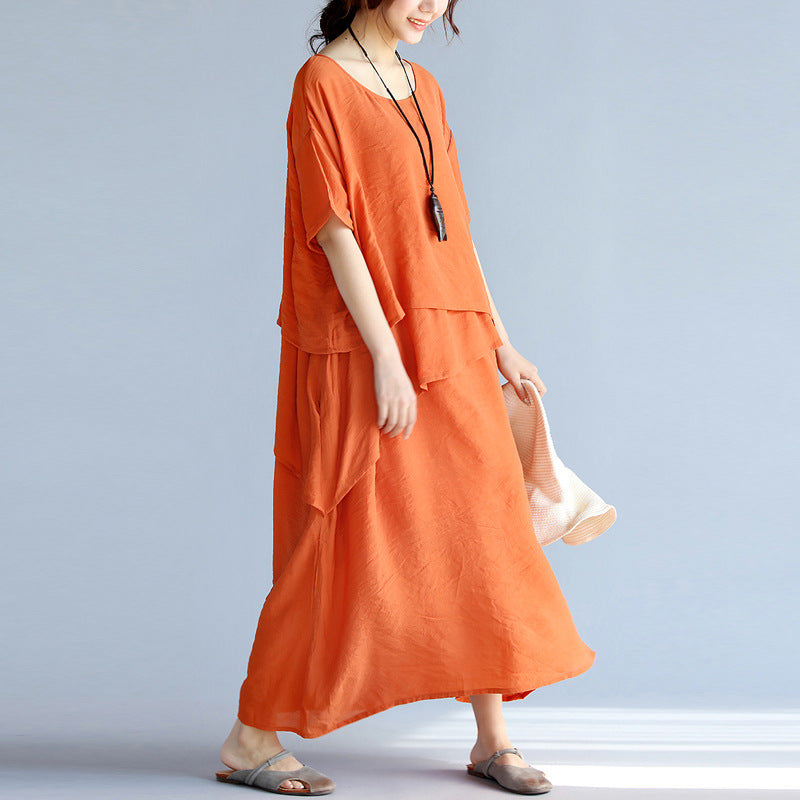 European And American Pure Color Artistic Cotton And Linen Comfortable Irregular Long Dress