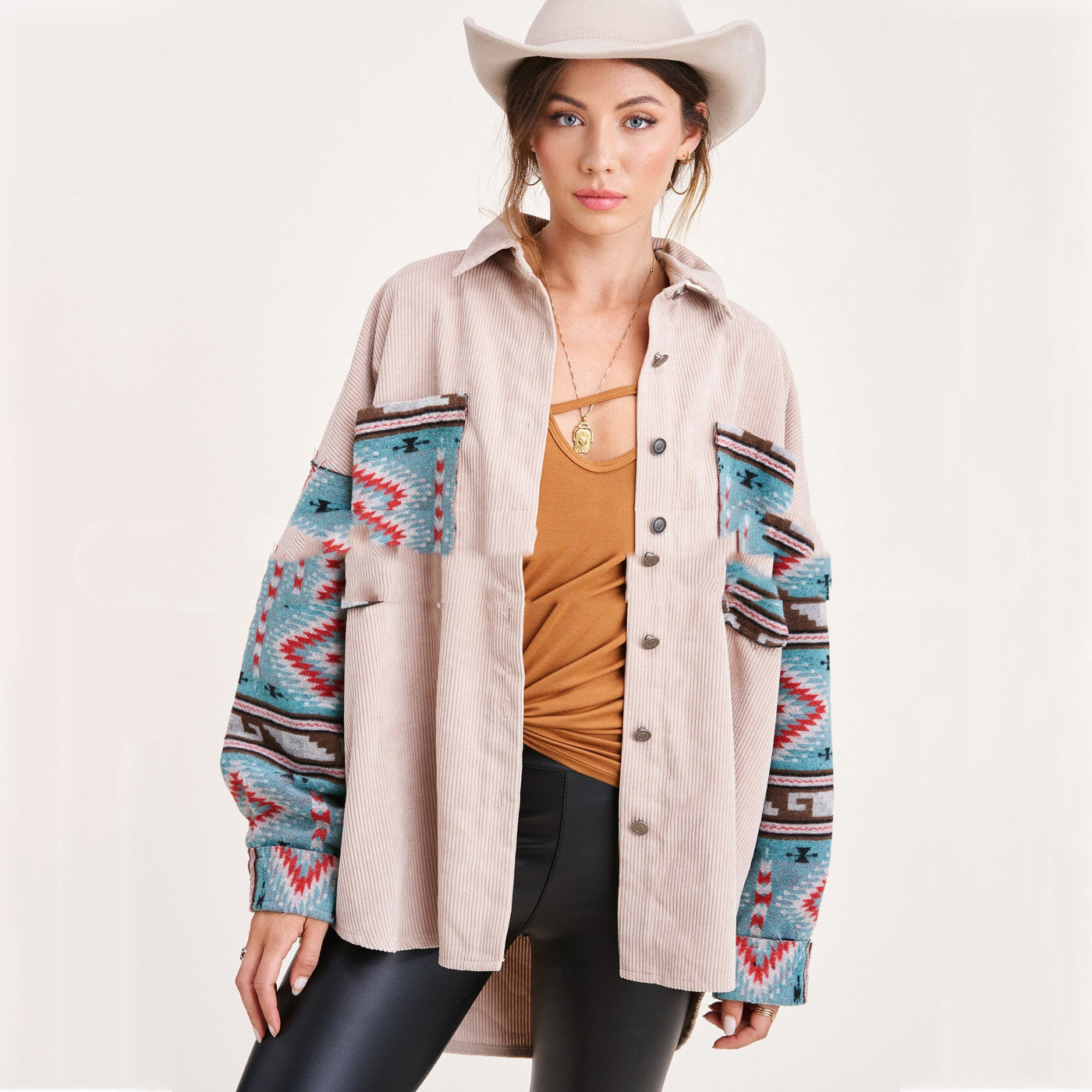 Corduroy Aztec Stitching Printed Pocket Long-sleeved Jacket