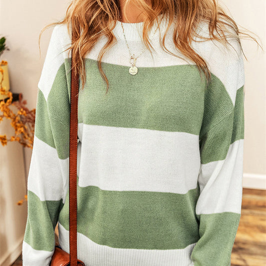 Women's Simple Wide Striped Round Neck Contrast Color Long-sleeved Top
