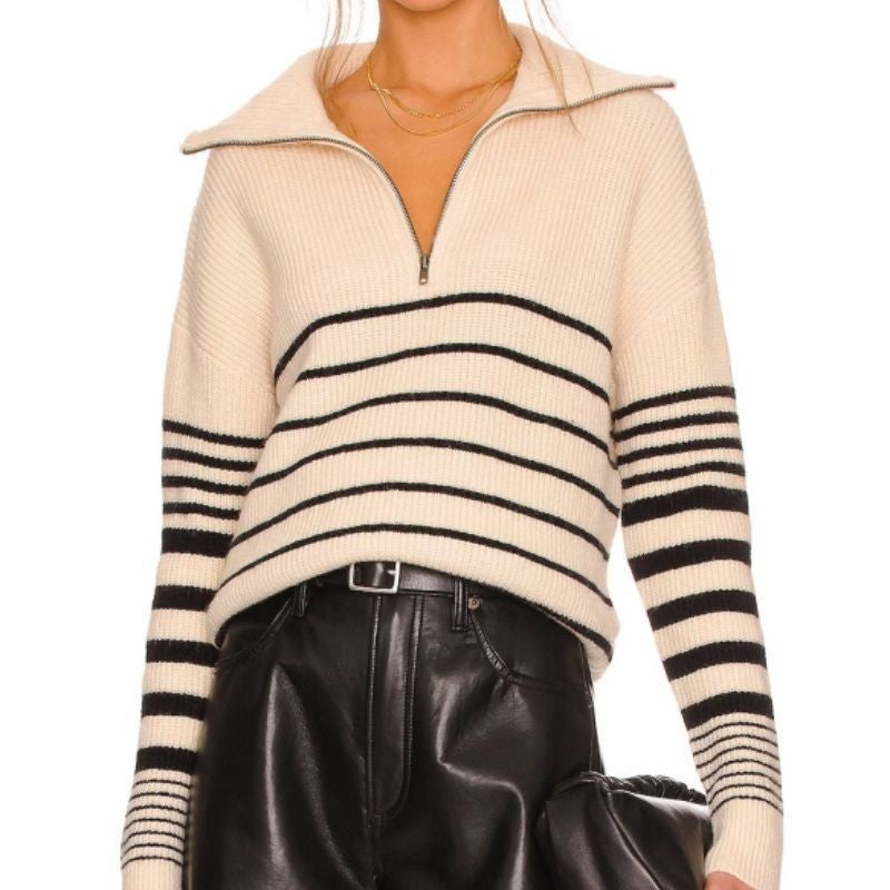 Striped Color Matching Long-sleeve Women's Top Zipper Pullover