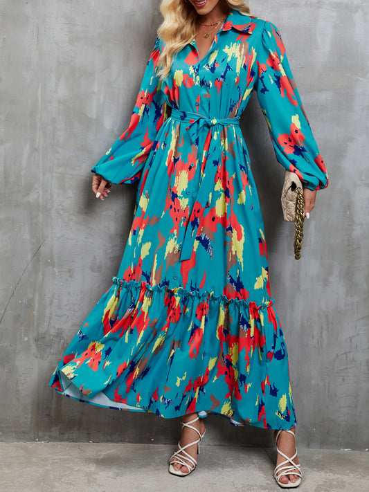 Frill Tied Printed Balloon Sleeve Dress