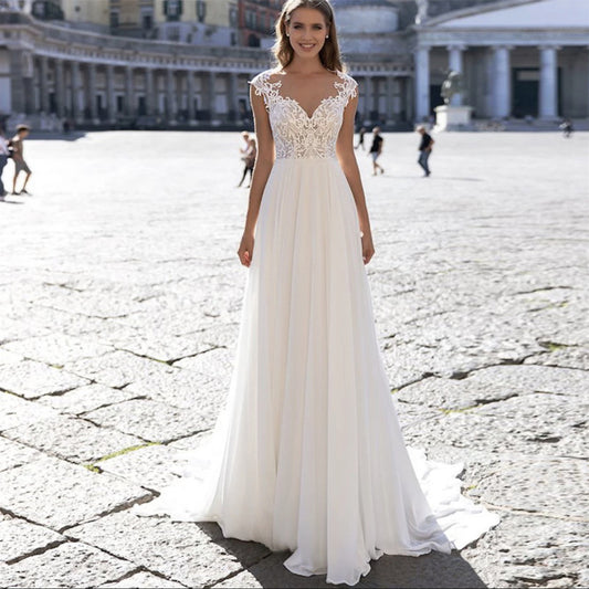 Vestido de novia de gasa serie A con cuello en V y manga larga