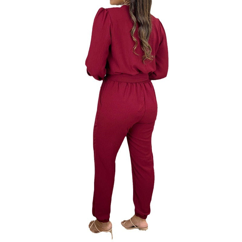 Modischer, eleganter, einfarbiger, langärmliger, verkürzter Jumpsuit mit V-Ausschnitt und hoher Taille für Damen