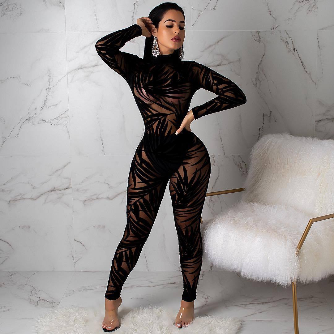 Women's Mesh Hollow Sheer Long Sleeve Tight Jumpsuit