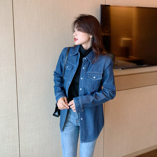 Women's Plus Velvet Denim Shirt With Loose Denim Jacket And Autumn Shirt All-match