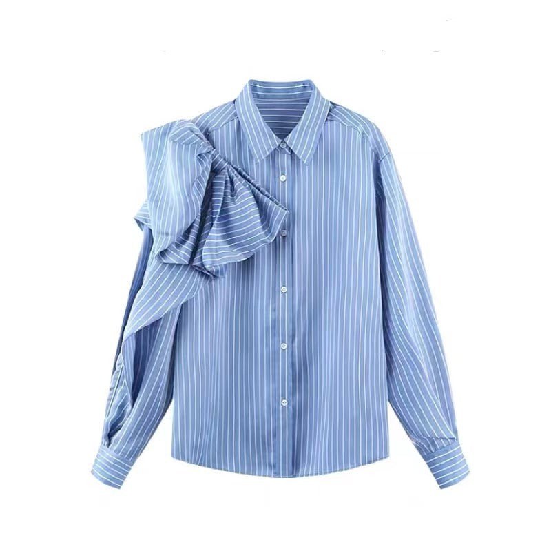 Casual Blau Gestreiften Shirts Für Frauen Revers Langarm Koreanische Bowknot Patchwork