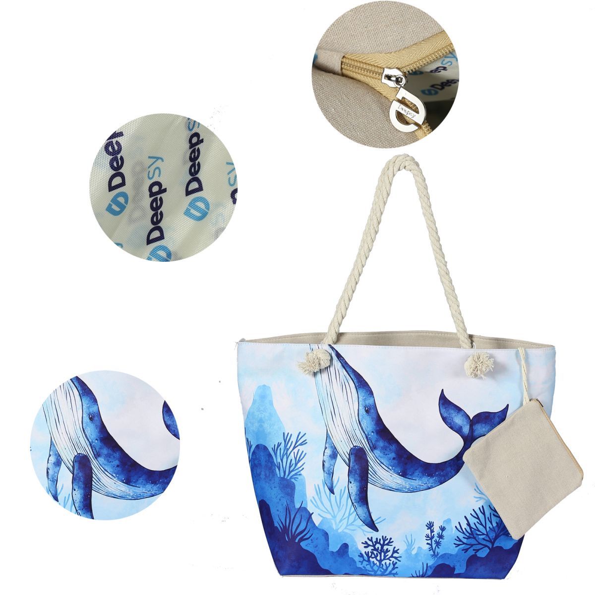 Bolsa de lona para playa para mujer, impermeable, grande, para viaje, con cremallera, reutilizable, para hacer la compra