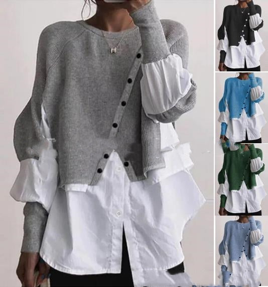 Crew Neck Long Sleeve Knitted Multi-color Patchwork White Shirt Women's