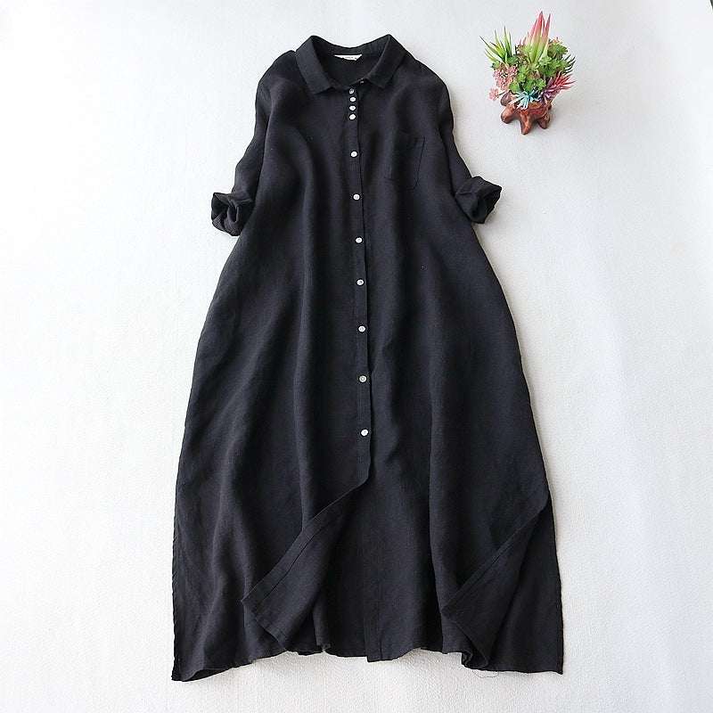 Summer Linen Fabric Lapel Long Shirt Dress