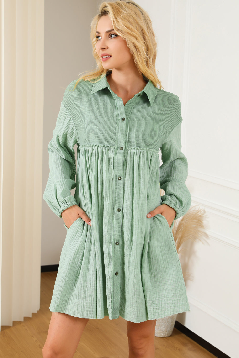 Green Patchwork Crinkle Puff Sleeve Shirt Dress