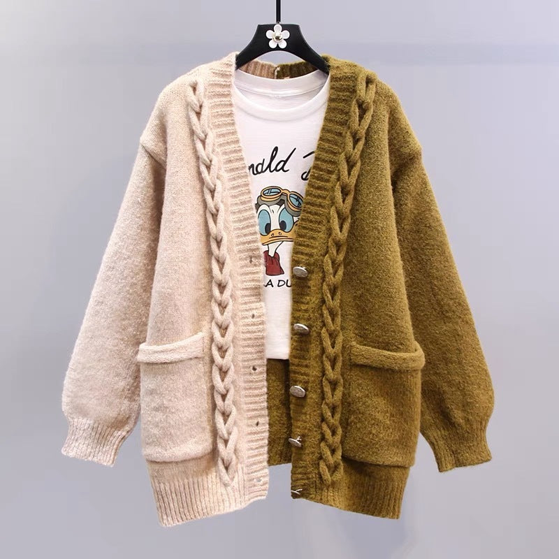 Color Contrast Patchwork Single-breasted Sweater Coat