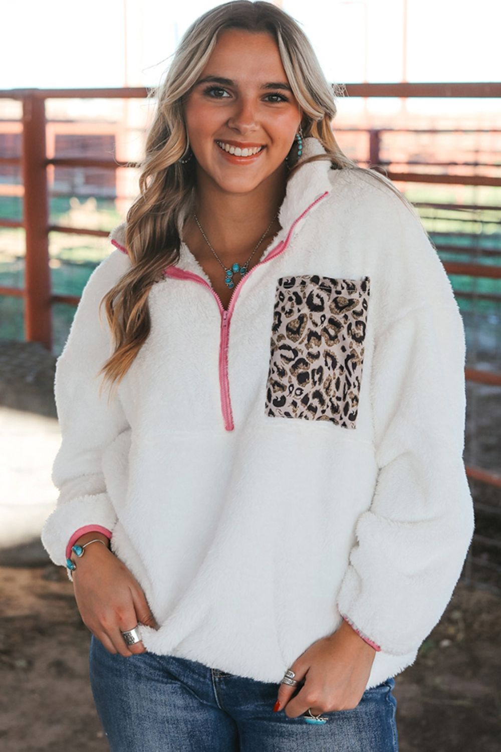 Sudadera de manga larga con contraste de leopardo y media cremallera