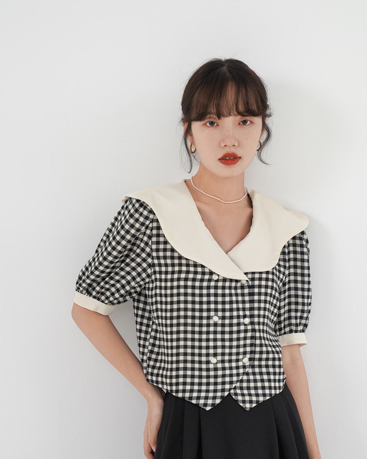 French Double-Breasted Plaid Shirt Ruffle Crop Top