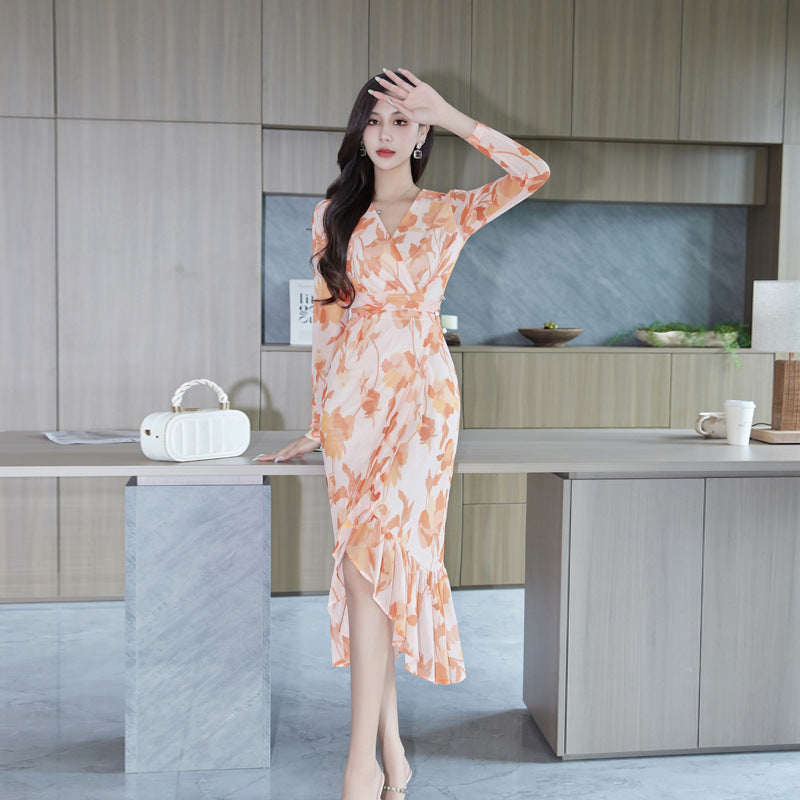 Female Temperament Slimming V-neckline Mesh Fishtail Dress