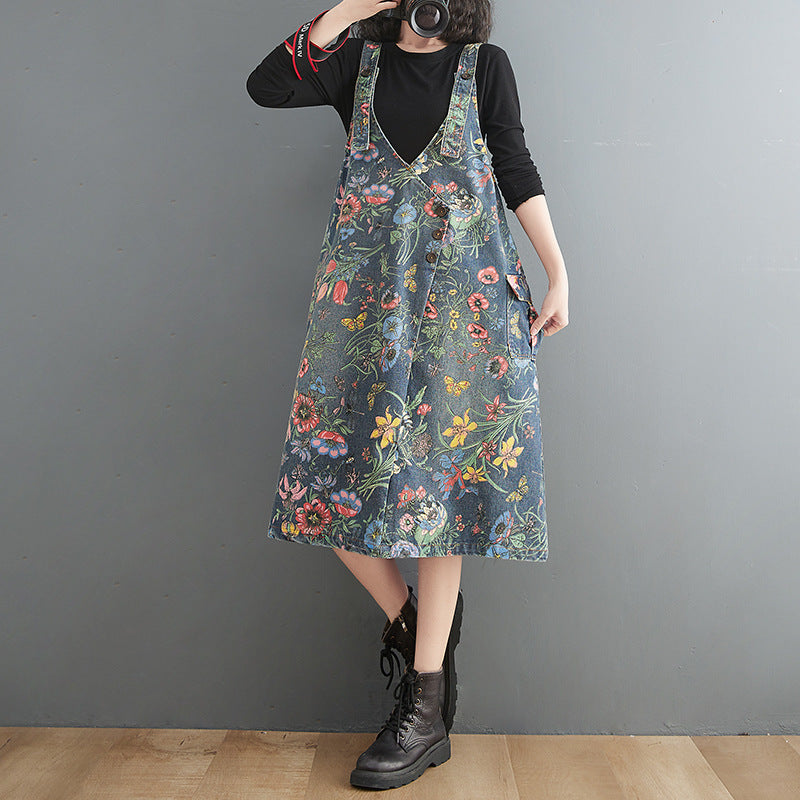 Artistic Style Printed Denim Suspender Skirt