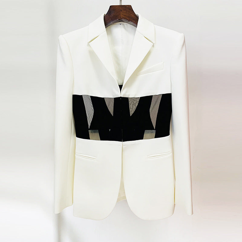 Fashion Cool Sheer Mesh Fishbone Slim Fit Patchwork Suit Jacket