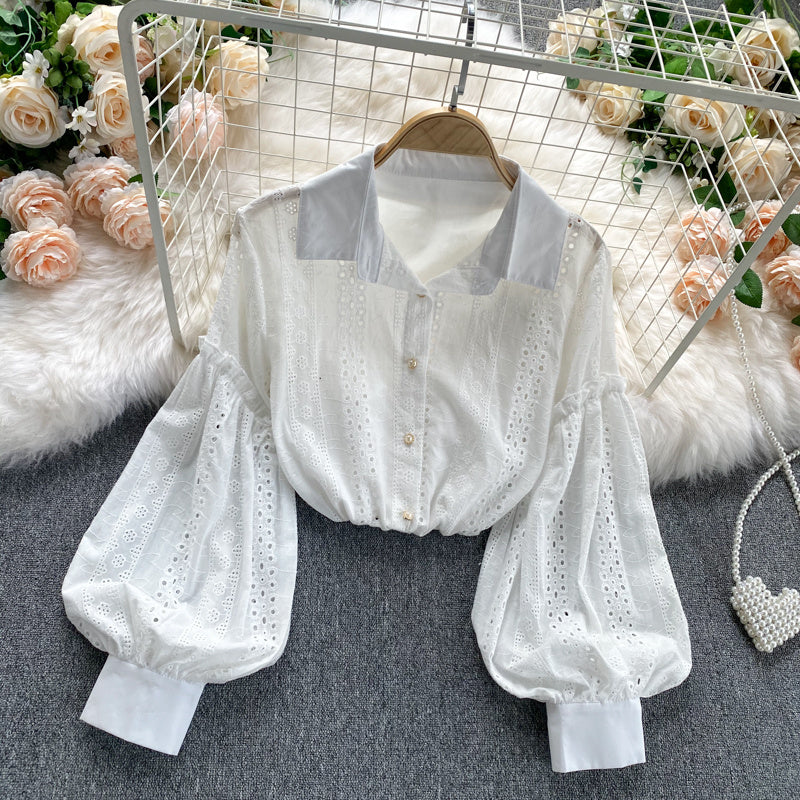 Embroidered Bubble Sleeve Shirt With Cut-out Ear - Ear Edge