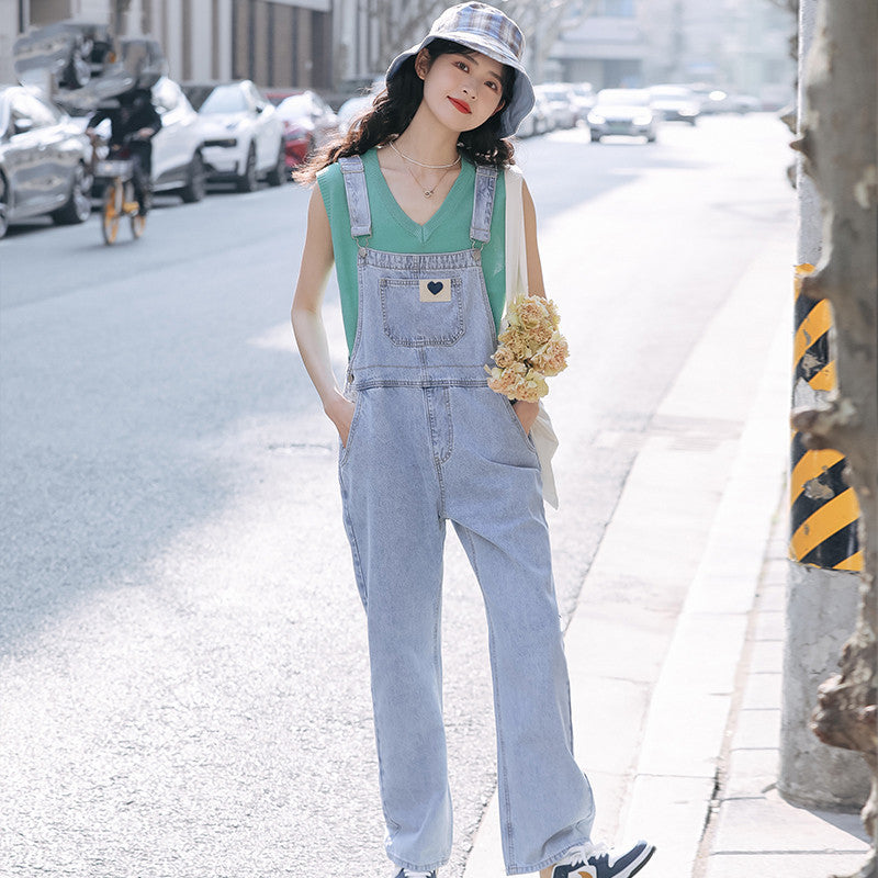 Design Sense Niche High Waist Slim Denim Suspenders Trousers