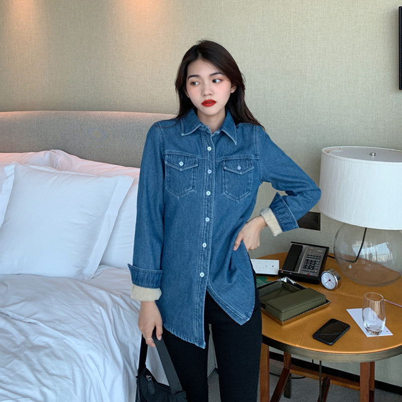 Women's Plus Velvet Denim Shirt With Loose Denim Jacket And Autumn Shirt All-match